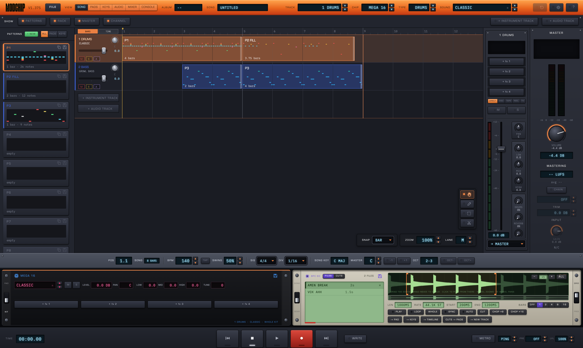 The Modchip song page: patterns on the left, the timeline, the channel strip and the master on the right, the chip deck underneath